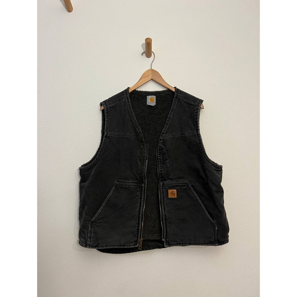 Vtg Carhartt Sherpa Black Gray Fleece Lined Work Vest Mens Large Distressed